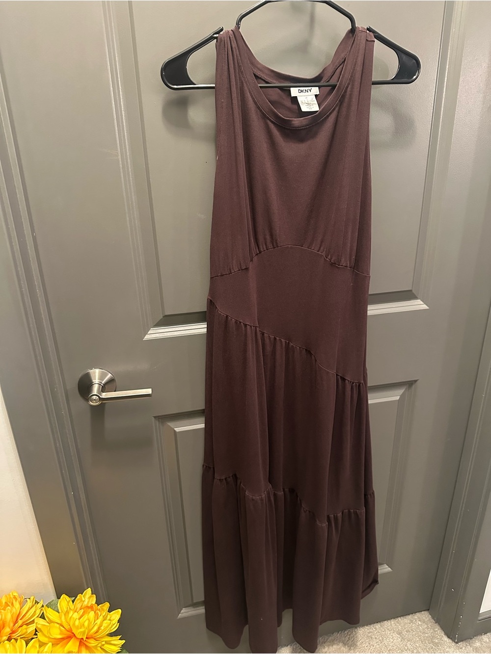 DKNY Sleeveless Tiered Maxi Dress in Plum Brown